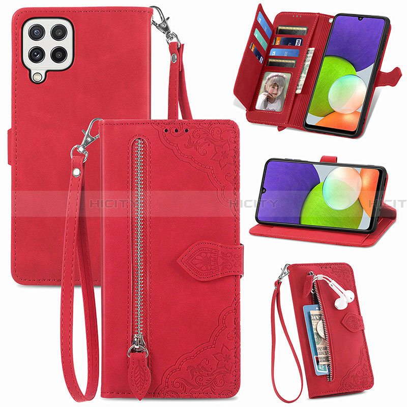 Coque Portefeuille Livre Cuir Etui Clapet S06D pour Samsung Galaxy A22 4G Rouge Plus