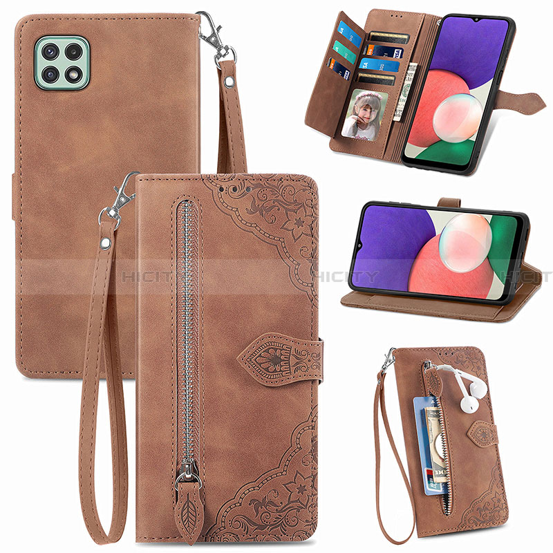 Coque Portefeuille Livre Cuir Etui Clapet S06D pour Samsung Galaxy A22 5G Marron Plus