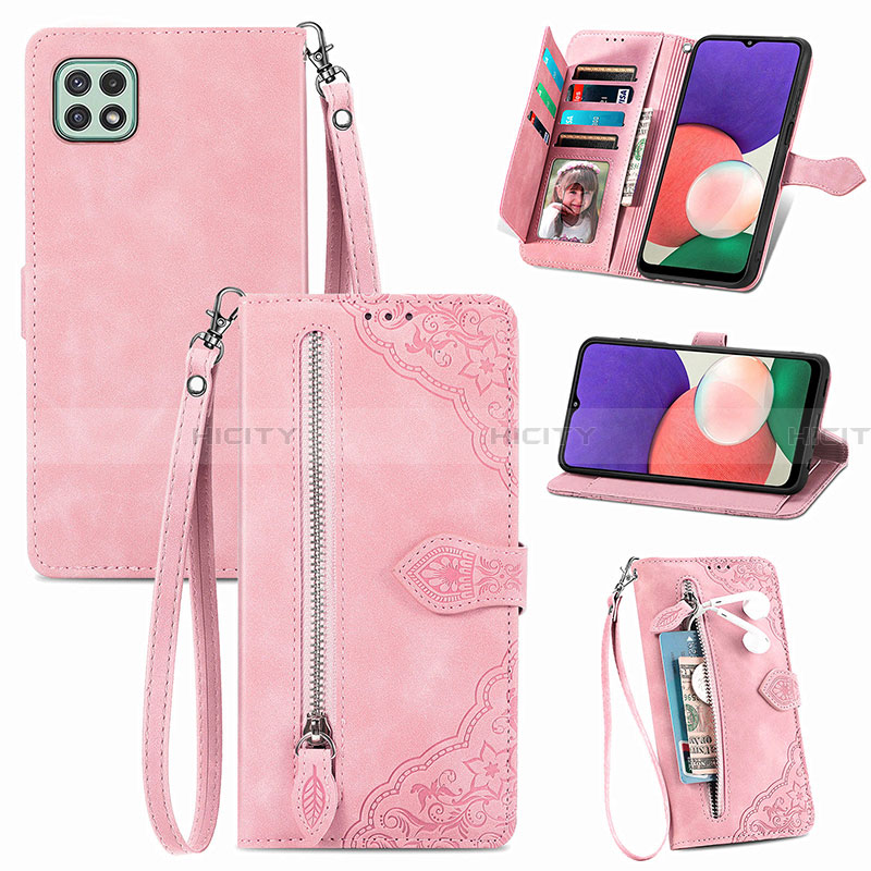 Coque Portefeuille Livre Cuir Etui Clapet S06D pour Samsung Galaxy A22 5G Rose Plus