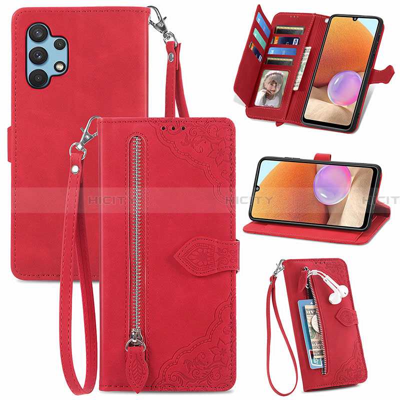 Coque Portefeuille Livre Cuir Etui Clapet S06D pour Samsung Galaxy A32 4G Rouge Plus