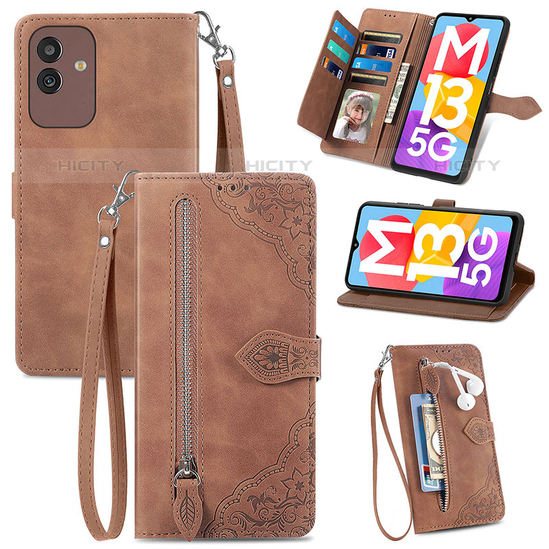 Coque Portefeuille Livre Cuir Etui Clapet S06D pour Samsung Galaxy M13 5G Marron Plus