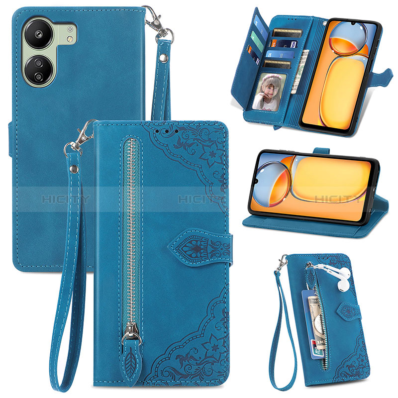 Coque Portefeuille Livre Cuir Etui Clapet S06D pour Xiaomi Poco C65 Bleu Plus