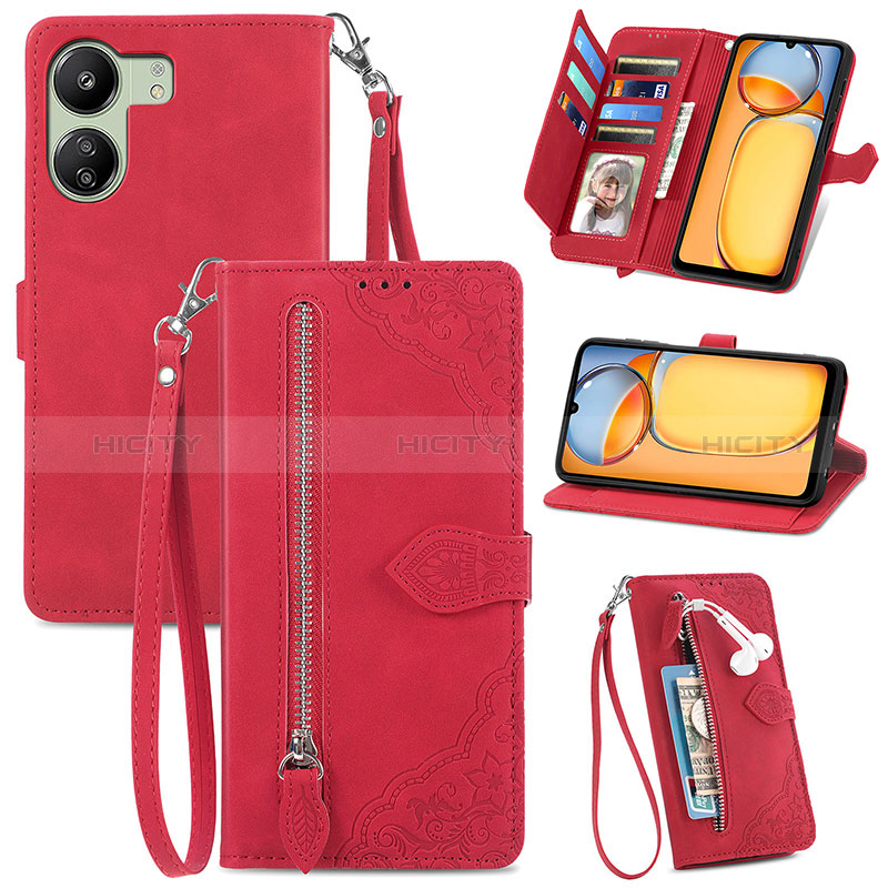 Coque Portefeuille Livre Cuir Etui Clapet S06D pour Xiaomi Poco C65 Rouge Plus