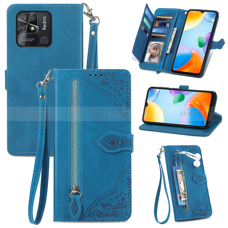 Coque Portefeuille Livre Cuir Etui Clapet S06D pour Xiaomi Redmi 10 India Bleu Plus