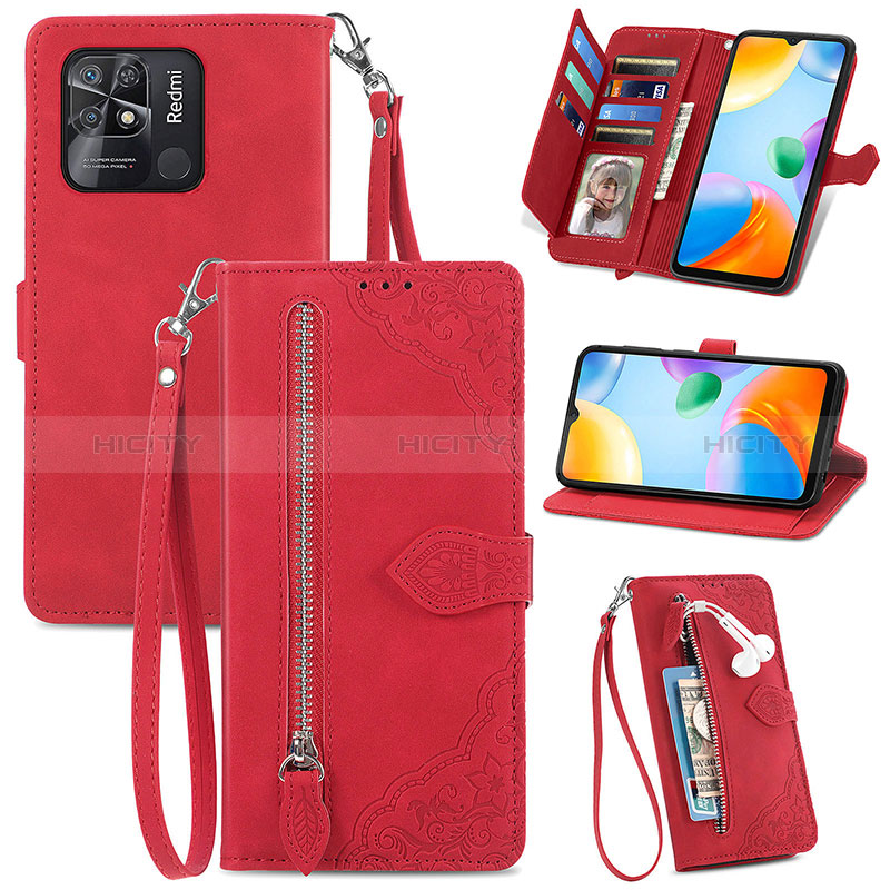 Coque Portefeuille Livre Cuir Etui Clapet S06D pour Xiaomi Redmi 10 India Rouge Plus