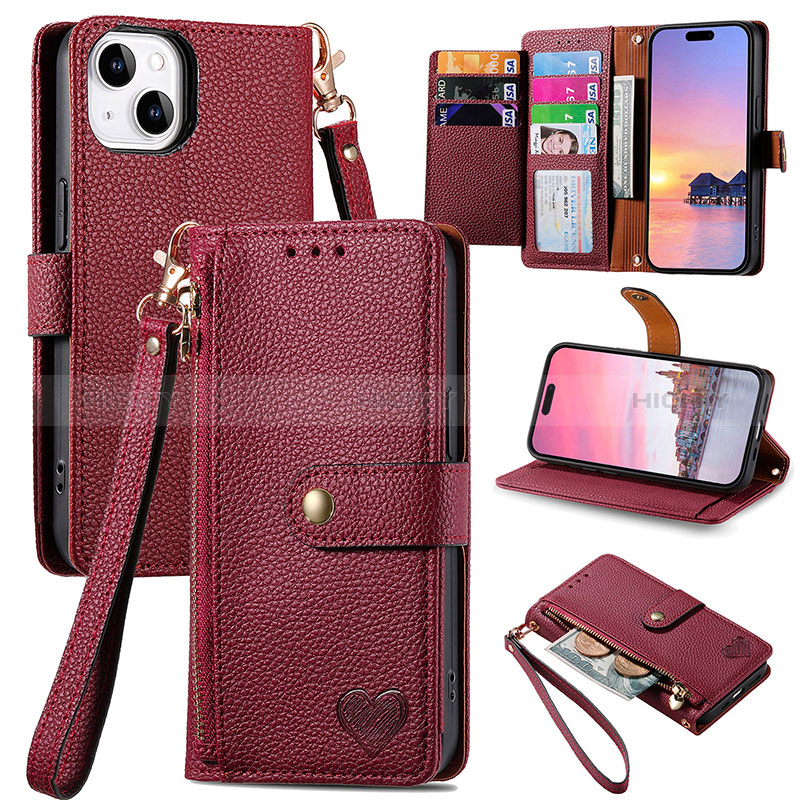 Coque Portefeuille Livre Cuir Etui Clapet S07D pour Apple iPhone 13 Rouge Plus