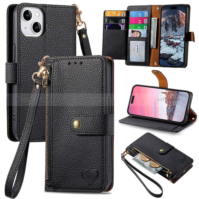 Coque Portefeuille Livre Cuir Etui Clapet S07D pour Apple iPhone 14 Plus Noir Plus