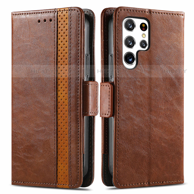 Coque Portefeuille Livre Cuir Etui Clapet S10D pour Samsung Galaxy S22 Ultra 5G Marron Plus