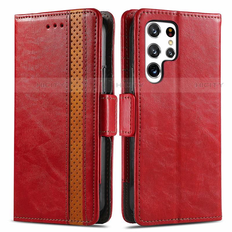 Coque Portefeuille Livre Cuir Etui Clapet S10D pour Samsung Galaxy S22 Ultra 5G Rouge Plus