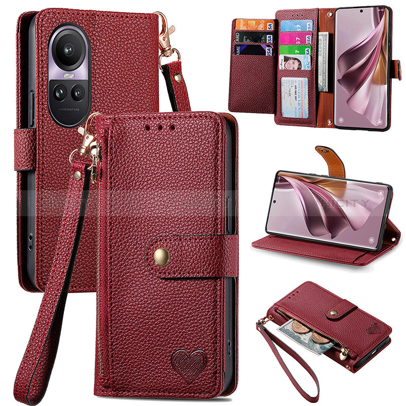 Coque Portefeuille Livre Cuir Etui Clapet S15D pour Oppo Reno10 5G Rouge Plus