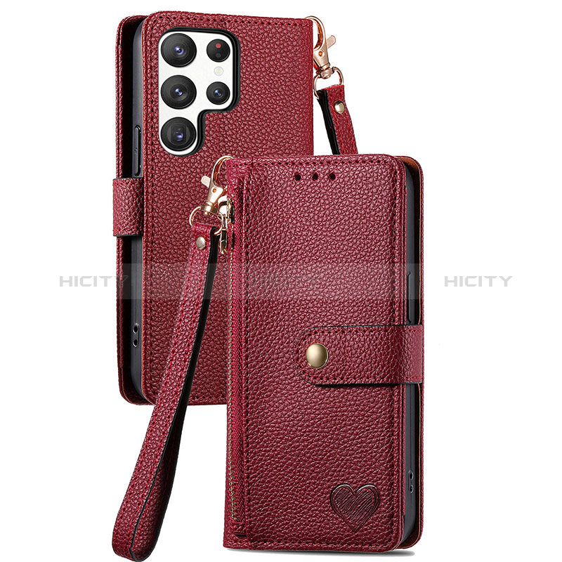 Coque Portefeuille Livre Cuir Etui Clapet S15D pour Samsung Galaxy S22 Ultra 5G Rouge Plus