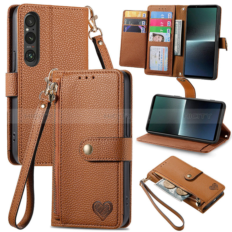 Coque Portefeuille Livre Cuir Etui Clapet S15D pour Sony Xperia 1 V Marron Plus