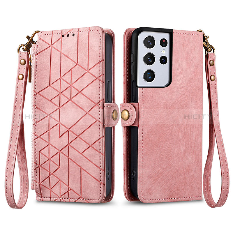 Coque Portefeuille Livre Cuir Etui Clapet S17D pour Samsung Galaxy S22 Ultra 5G Rose Plus