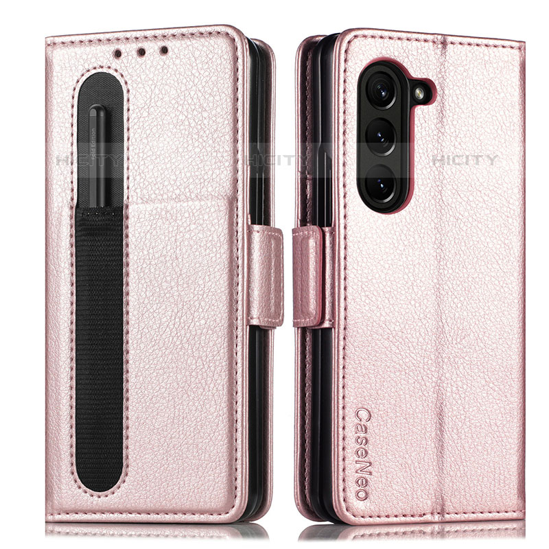 Coque Portefeuille Livre Cuir Etui Clapet SD1 pour Samsung Galaxy Z Fold5 5G Or Rose Plus