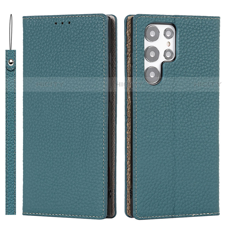 Coque Portefeuille Livre Cuir Etui Clapet T02D pour Samsung Galaxy S22 Ultra 5G Cyan Plus