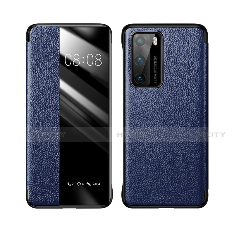 Coque Portefeuille Livre Cuir Etui Clapet T04 pour Huawei P40 Bleu Plus