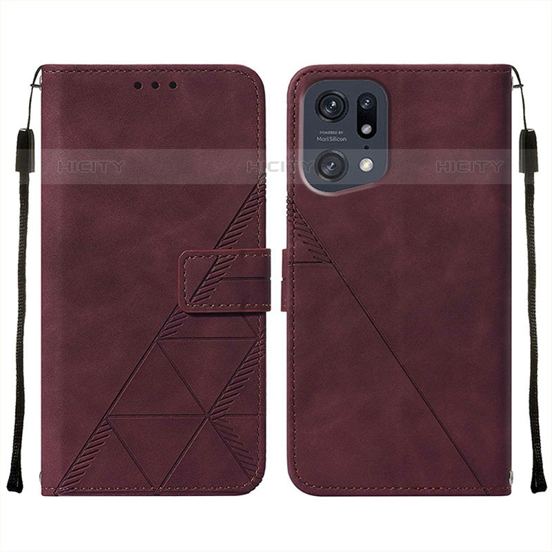 Coque Portefeuille Livre Cuir Etui Clapet Y01B pour Oppo Find X5 Pro 5G Vin Rouge Plus