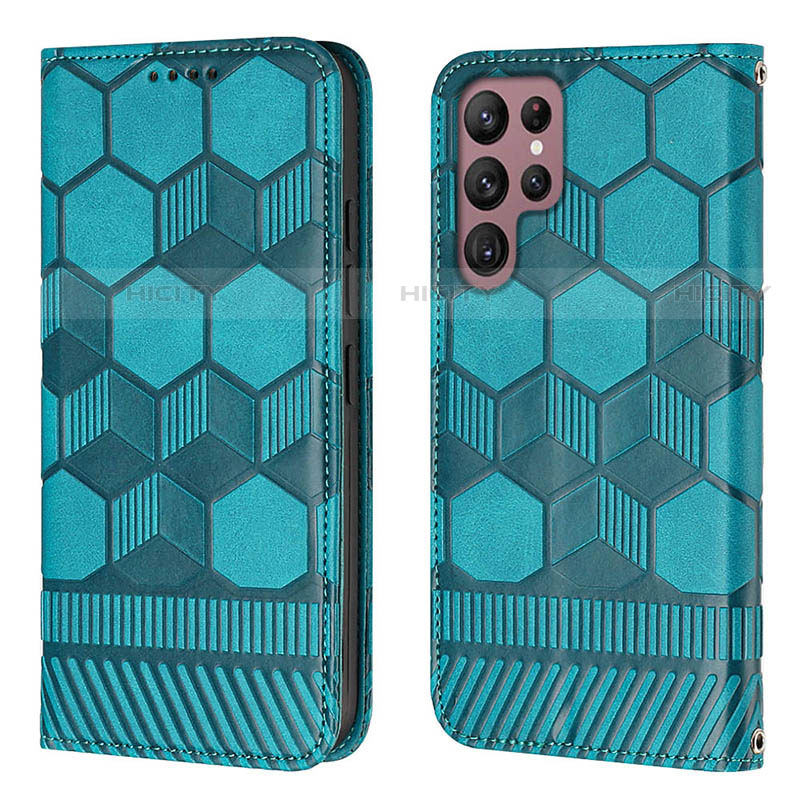 Coque Portefeuille Livre Cuir Etui Clapet Y01B pour Samsung Galaxy S21 Ultra 5G Cyan Plus