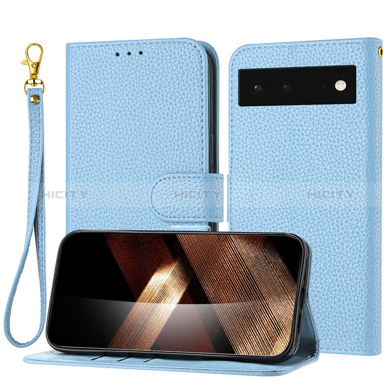 Coque Portefeuille Livre Cuir Etui Clapet Y09X pour Google Pixel 6 5G Bleu Plus