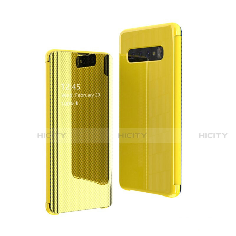 Coque Portefeuille Livre Cuir Miroir Housse Etui Clapet L01 pour Samsung Galaxy S10 5G SM-G977B Jaune Plus