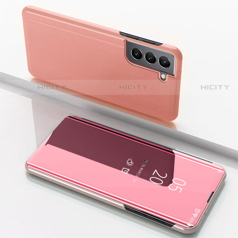 Coque Portefeuille Livre Cuir Miroir Housse Etui Clapet M01 pour Samsung Galaxy S21 Plus 5G Or Rose Plus