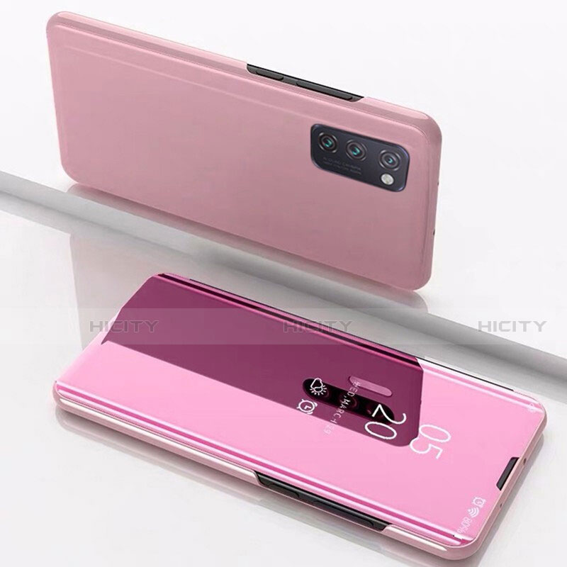 Coque Portefeuille Livre Cuir Miroir Housse Etui Clapet M02 pour Huawei Honor View 30 5G Or Rose Plus