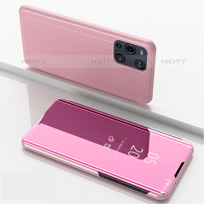 Coque Portefeuille Livre Cuir Miroir Housse Etui Clapet pour Oppo Find X3 Pro 5G Or Rose Plus