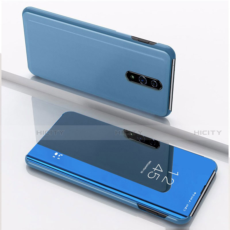 Coque Portefeuille Livre Cuir Miroir Housse Etui Clapet pour Oppo Reno Bleu Plus