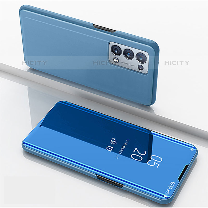 Coque Portefeuille Livre Cuir Miroir Housse Etui Clapet pour Oppo Reno6 Pro 5G Bleu Plus