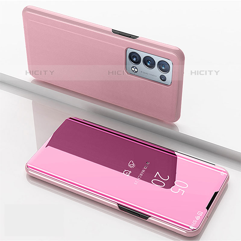 Coque Portefeuille Livre Cuir Miroir Housse Etui Clapet pour Oppo Reno6 Pro+ Plus 5G Or Rose Plus