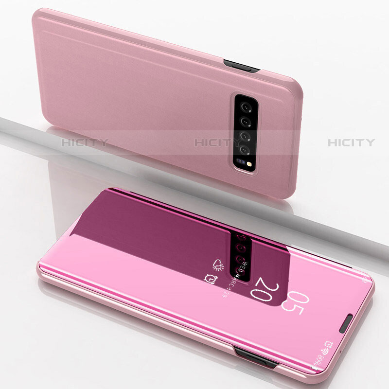 Coque Portefeuille Livre Cuir Miroir Housse Etui Clapet pour Samsung Galaxy S10 5G Or Rose Plus