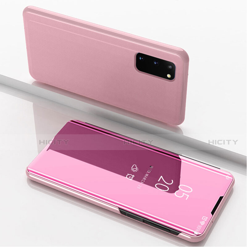 Coque Portefeuille Livre Cuir Miroir Housse Etui Clapet pour Samsung Galaxy S20 5G Or Rose Plus