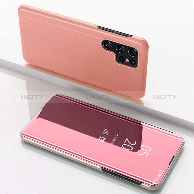 Coque Portefeuille Livre Cuir Miroir Housse Etui Clapet pour Samsung Galaxy S24 Ultra 5G Or Rose Plus