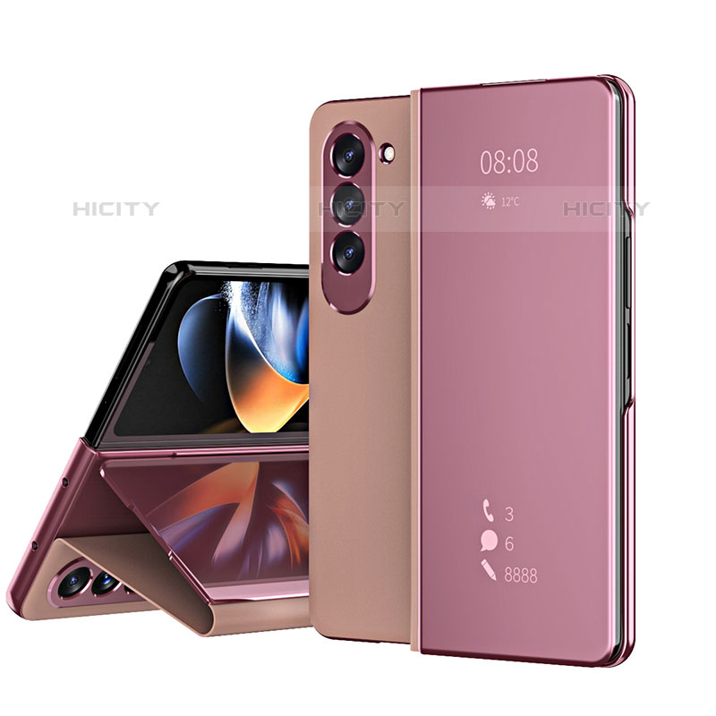 Coque Portefeuille Livre Cuir Miroir Housse Etui Clapet ZL1 pour Samsung Galaxy Z Fold5 5G Or Rose Plus