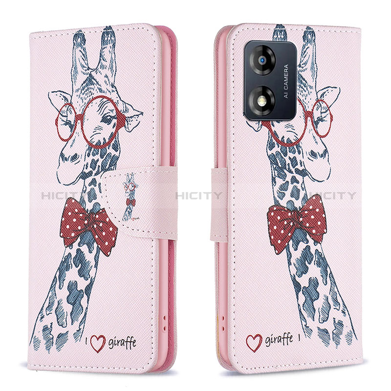 Coque Portefeuille Motif Fantaisie Livre Cuir Etui Clapet B01F pour Motorola Moto E13 Rose Plus