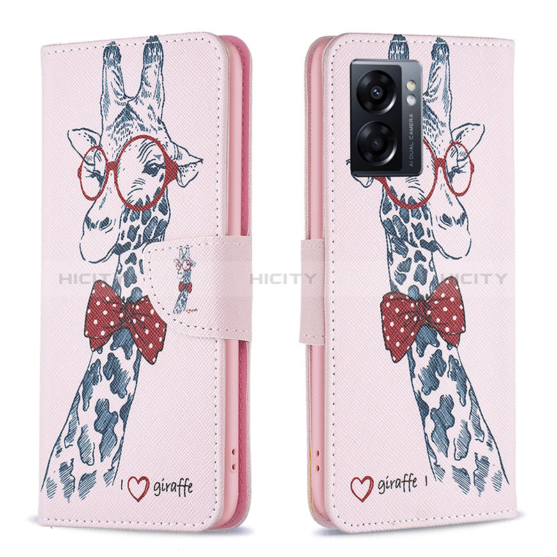 Coque Portefeuille Motif Fantaisie Livre Cuir Etui Clapet B01F pour Oppo A56S 5G Rose Plus