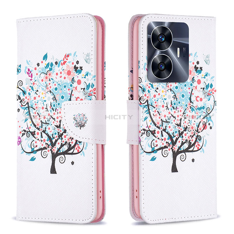 Coque Portefeuille Motif Fantaisie Livre Cuir Etui Clapet B01F pour Realme C55 Blanc Plus