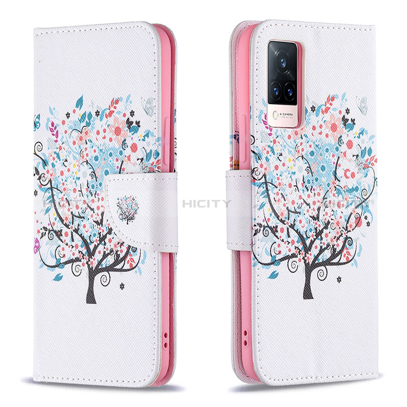 Coque Portefeuille Motif Fantaisie Livre Cuir Etui Clapet B01F pour Vivo V21 5G Blanc Plus