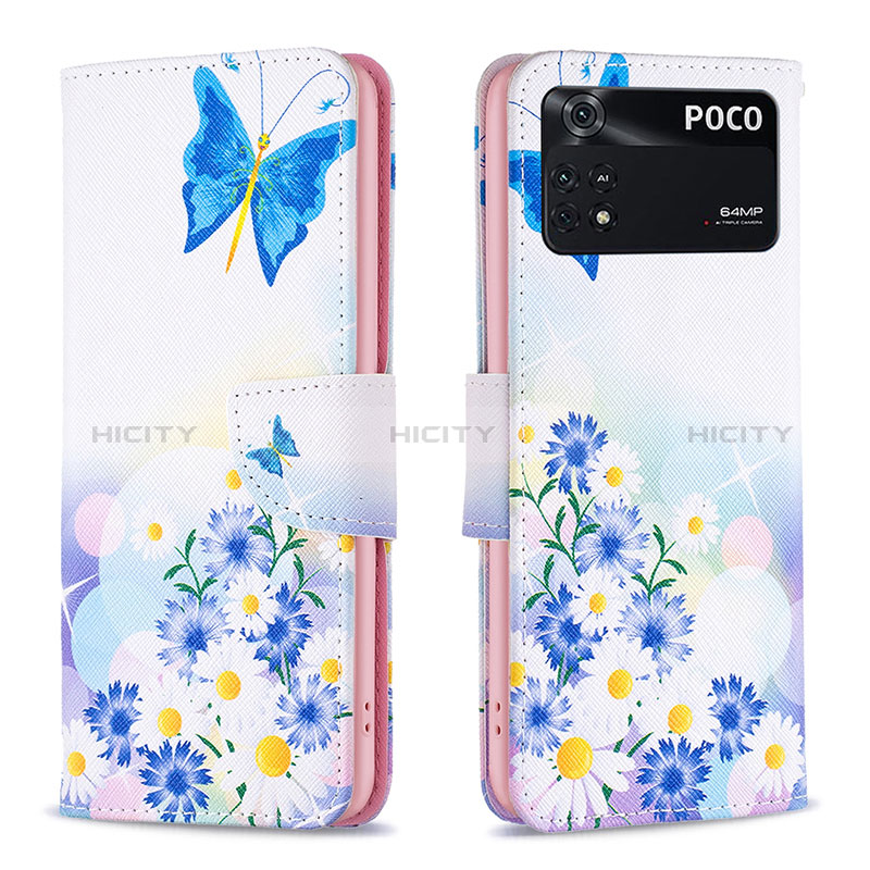 Coque Portefeuille Motif Fantaisie Livre Cuir Etui Clapet B01F pour Xiaomi Poco M4 Pro 4G Bleu Plus