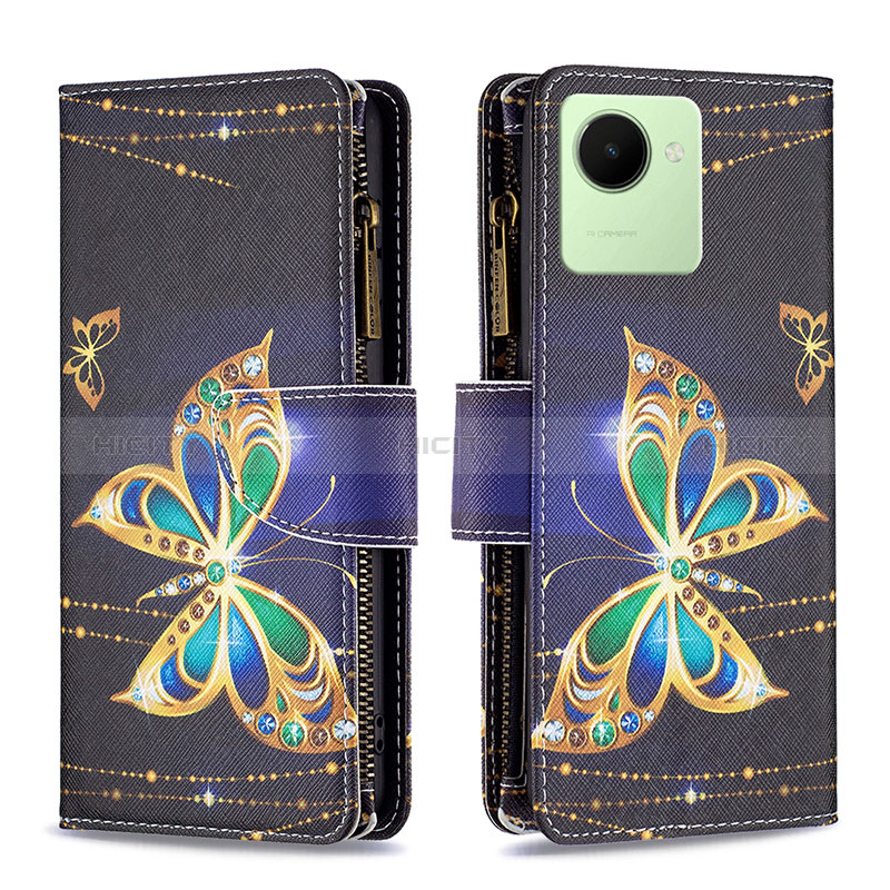 Coque Portefeuille Motif Fantaisie Livre Cuir Etui Clapet B04F pour Realme C30 Noir Plus