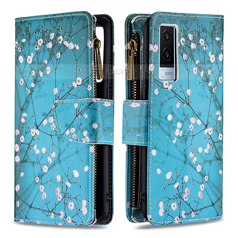 Coque Portefeuille Motif Fantaisie Livre Cuir Etui Clapet B04F pour Vivo V21e 5G Cyan Plus