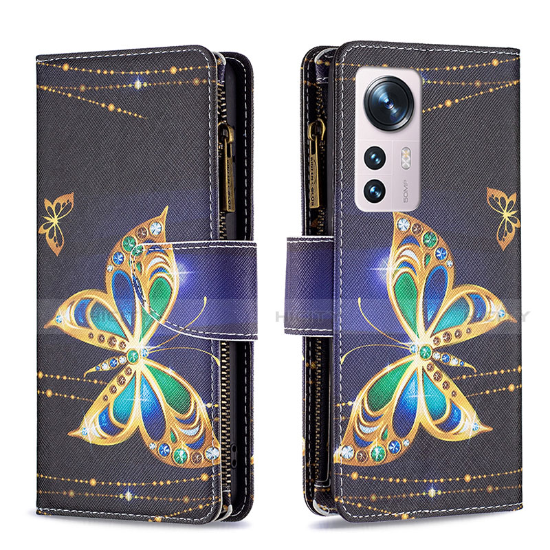 Coque Portefeuille Motif Fantaisie Livre Cuir Etui Clapet B04F pour Xiaomi Mi 12 5G Or et Noir Plus