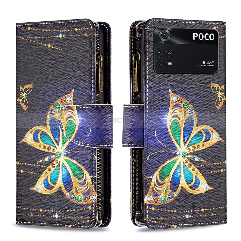 Coque Portefeuille Motif Fantaisie Livre Cuir Etui Clapet B04F pour Xiaomi Poco M4 Pro 4G Noir Plus