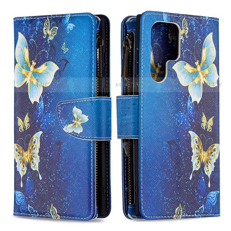 Coque Portefeuille Motif Fantaisie Livre Cuir Etui Clapet B05F pour Samsung Galaxy S22 Ultra 5G Bleu Plus