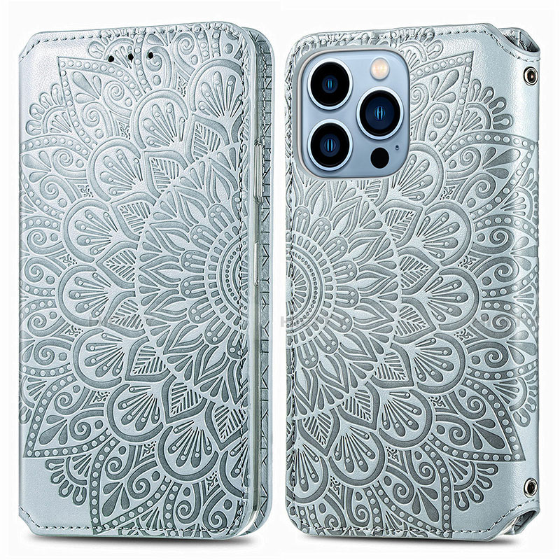 Coque Portefeuille Motif Fantaisie Livre Cuir Etui Clapet H01 pour Apple iPhone 13 Pro Argent Plus