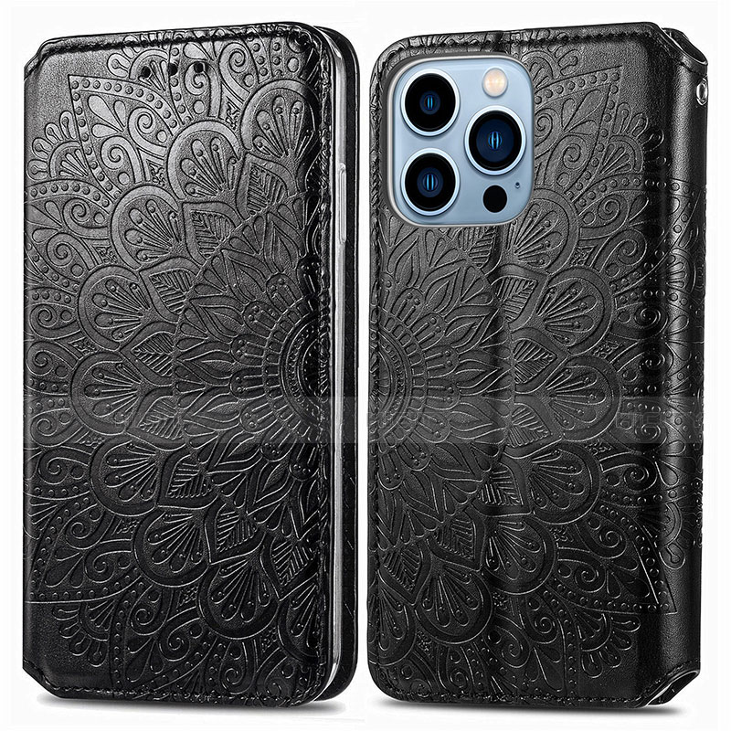 Coque Portefeuille Motif Fantaisie Livre Cuir Etui Clapet H01 pour Apple iPhone 13 Pro Noir Plus