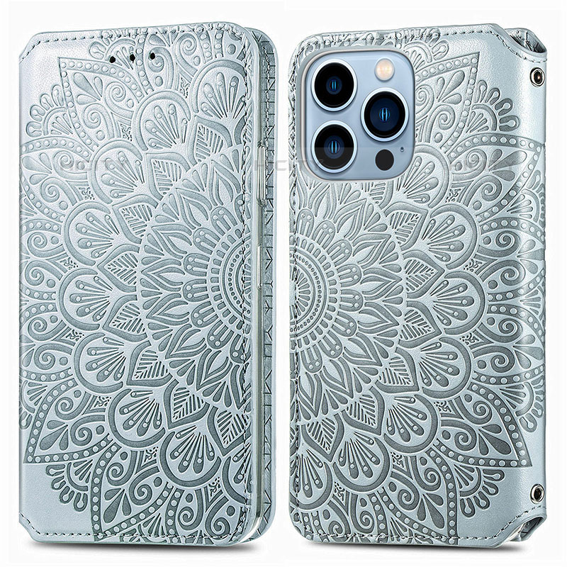 Coque Portefeuille Motif Fantaisie Livre Cuir Etui Clapet H01 pour Apple iPhone 16 Pro Argent Plus