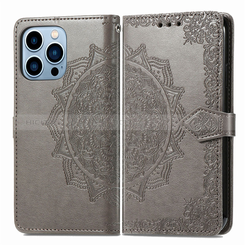 Coque Portefeuille Motif Fantaisie Livre Cuir Etui Clapet H06 pour Apple iPhone 14 Pro Max Gris Plus