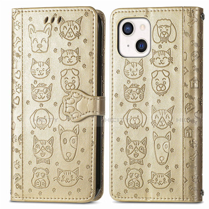 Coque Portefeuille Motif Fantaisie Livre Cuir Etui Clapet H11 pour Apple iPhone 14 Or Plus