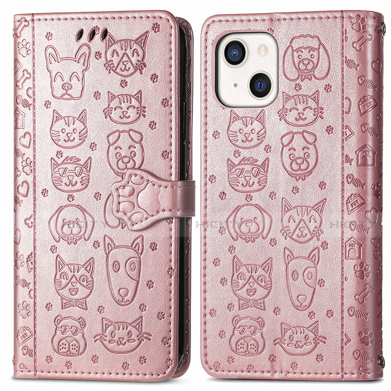 Coque Portefeuille Motif Fantaisie Livre Cuir Etui Clapet H11 pour Apple iPhone 14 Or Rose Plus